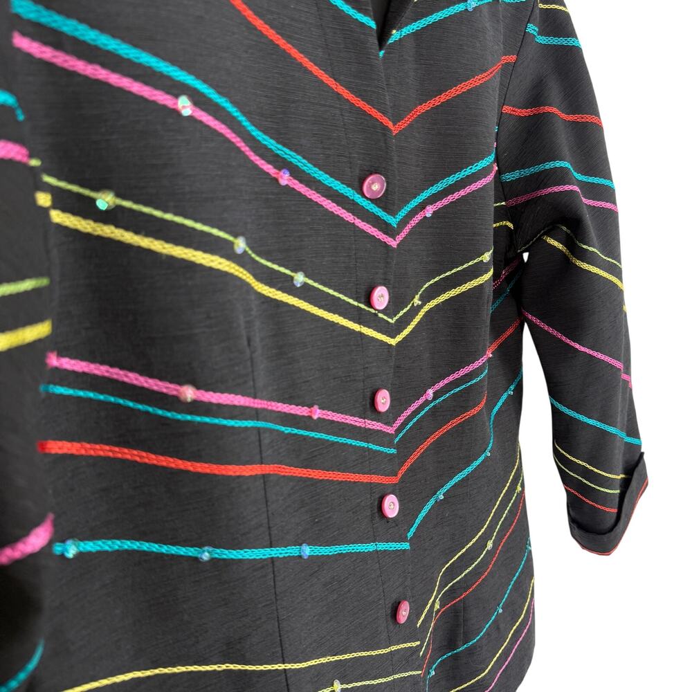 SILK LAND Sz Medium 100% Silk Black Blue Pink Wearable Art Jacket Shirt Top - Picture 6 of 9
